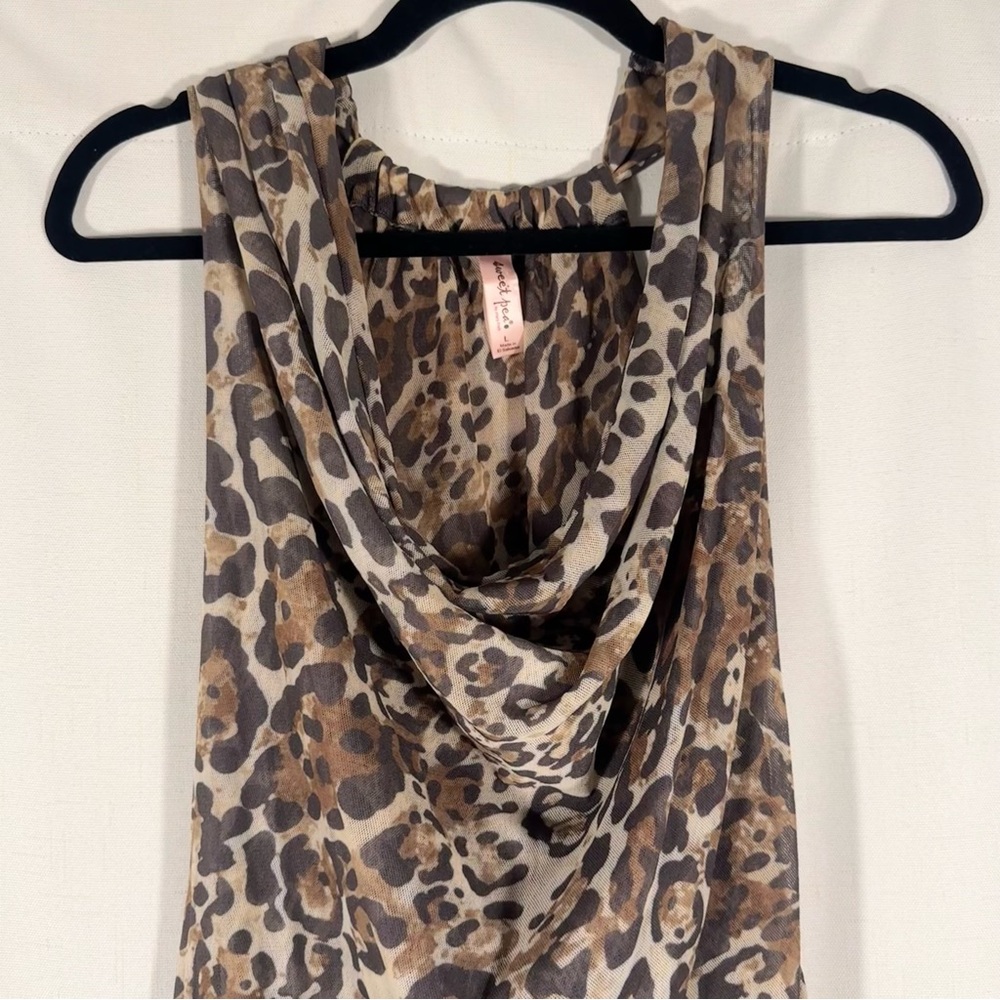 Sweet Pea Leopard Print Sheer Mesh Cowl Neck Top - Picture 3 of 5